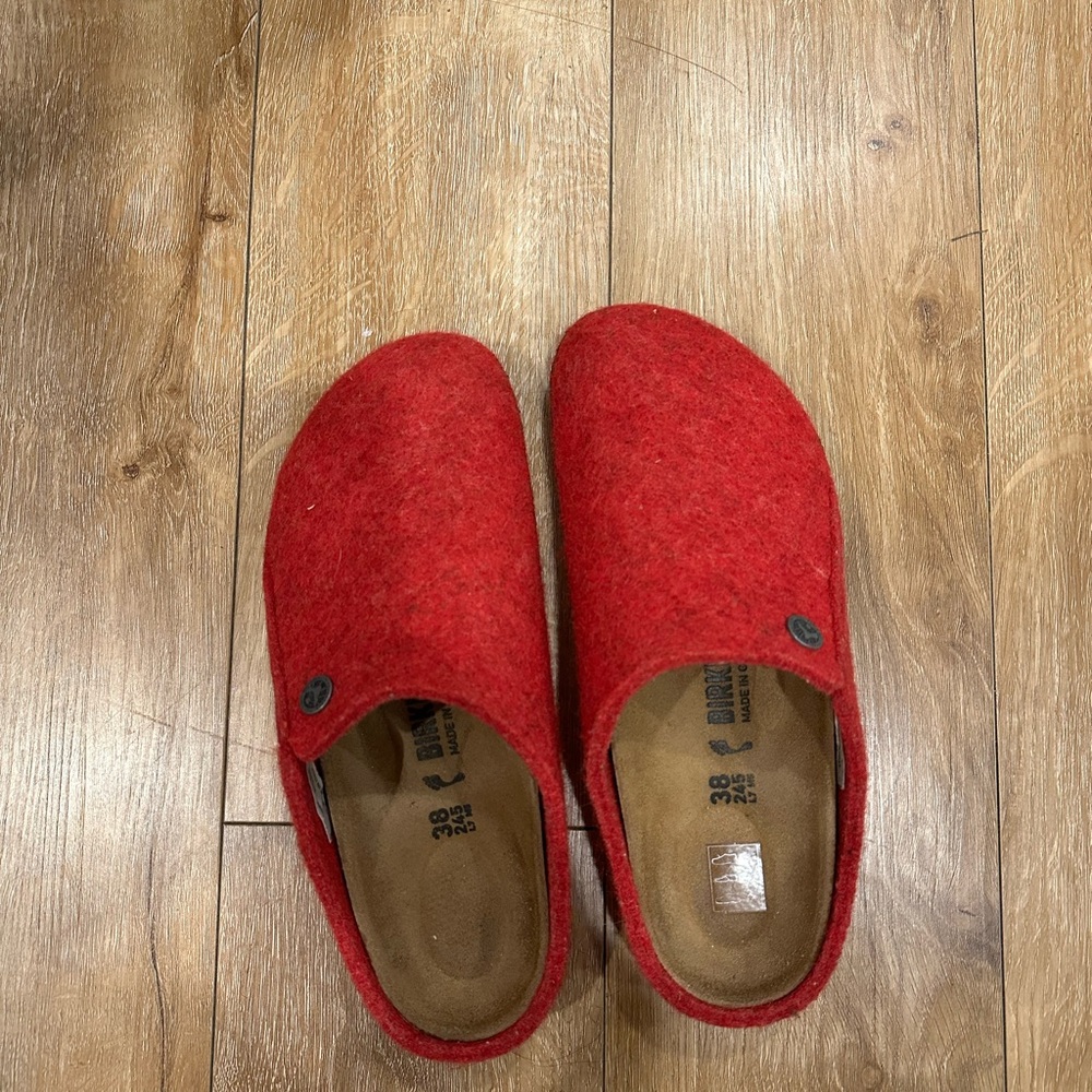 Red Birkenstock Wool Slippers